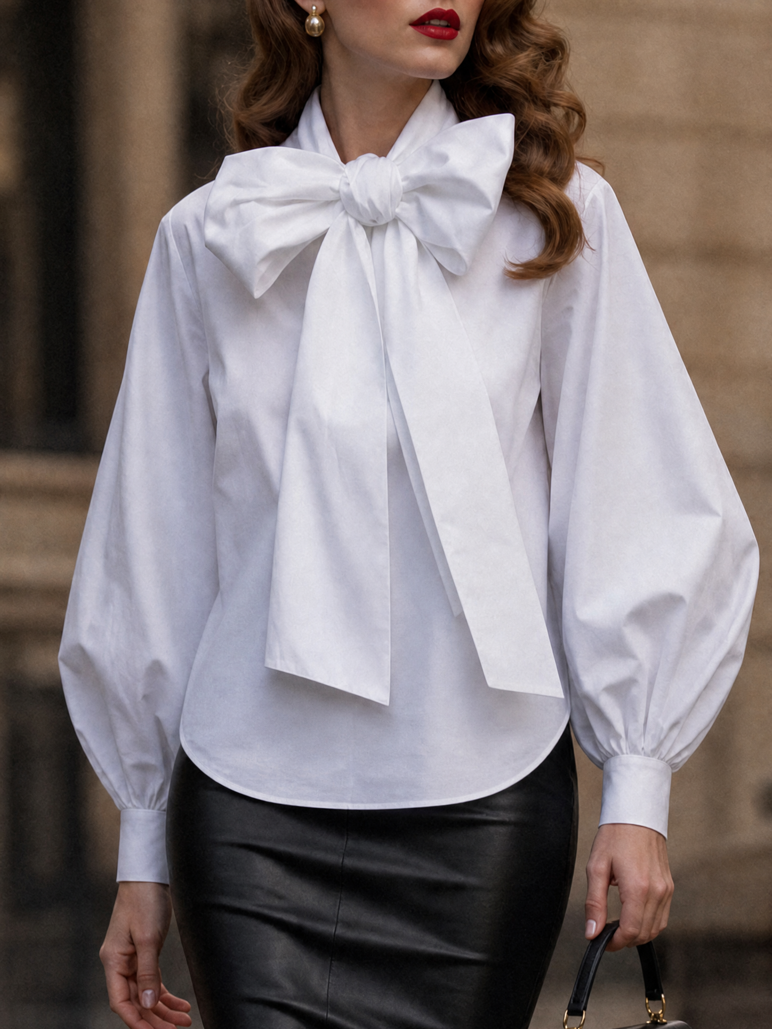 Retro French White Ribbon Tie-Neck Balloon-Sleeve Blouse
