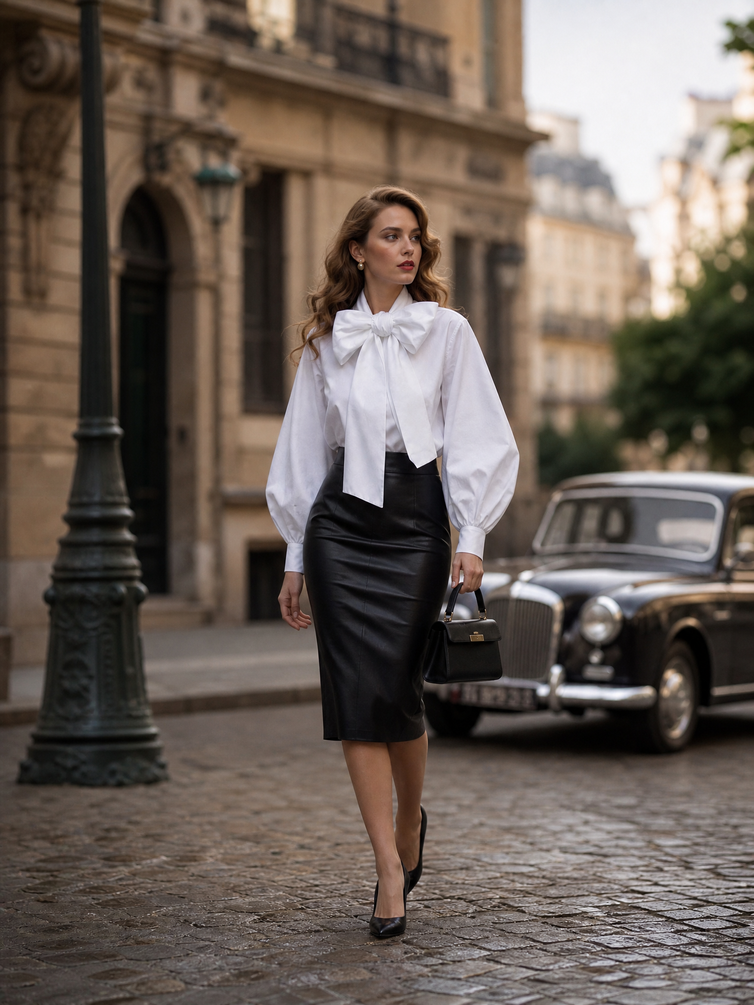 Retro French White Ribbon Tie-Neck Balloon-Sleeve Blouse