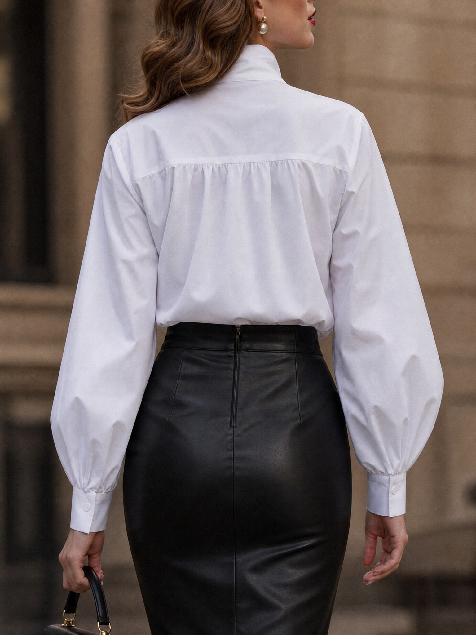 Retro French White Ribbon Tie-Neck Balloon-Sleeve Blouse