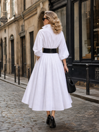 Elegant White Puff-Sleeve Fit-and-Flare Shirt Midi Dress