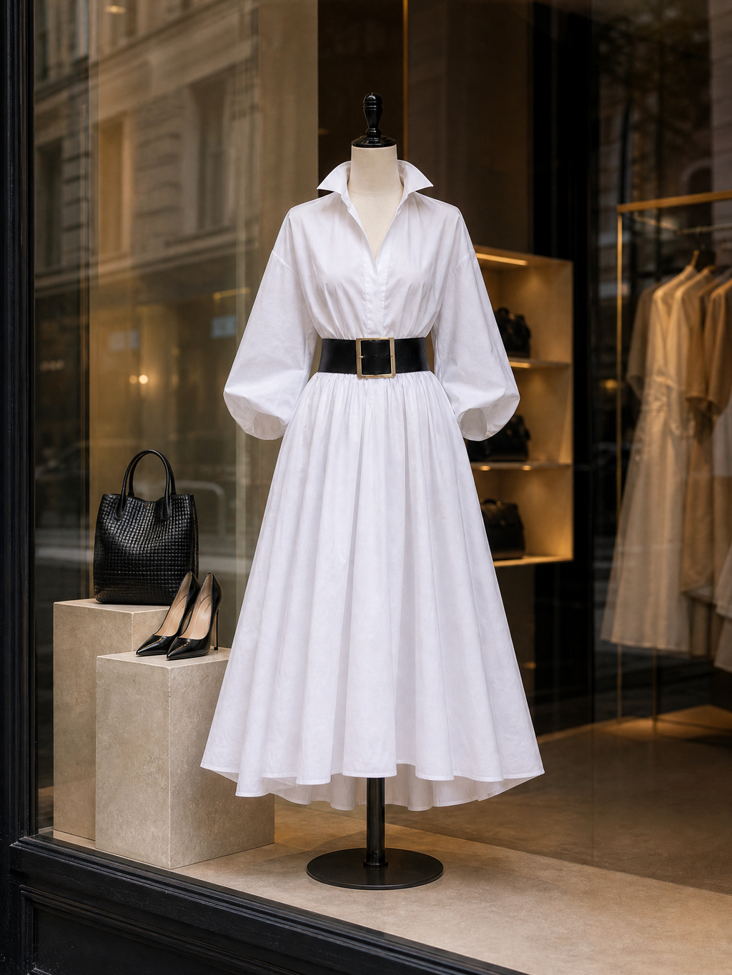 Elegant White Puff-Sleeve Fit-and-Flare Shirt Midi Dress
