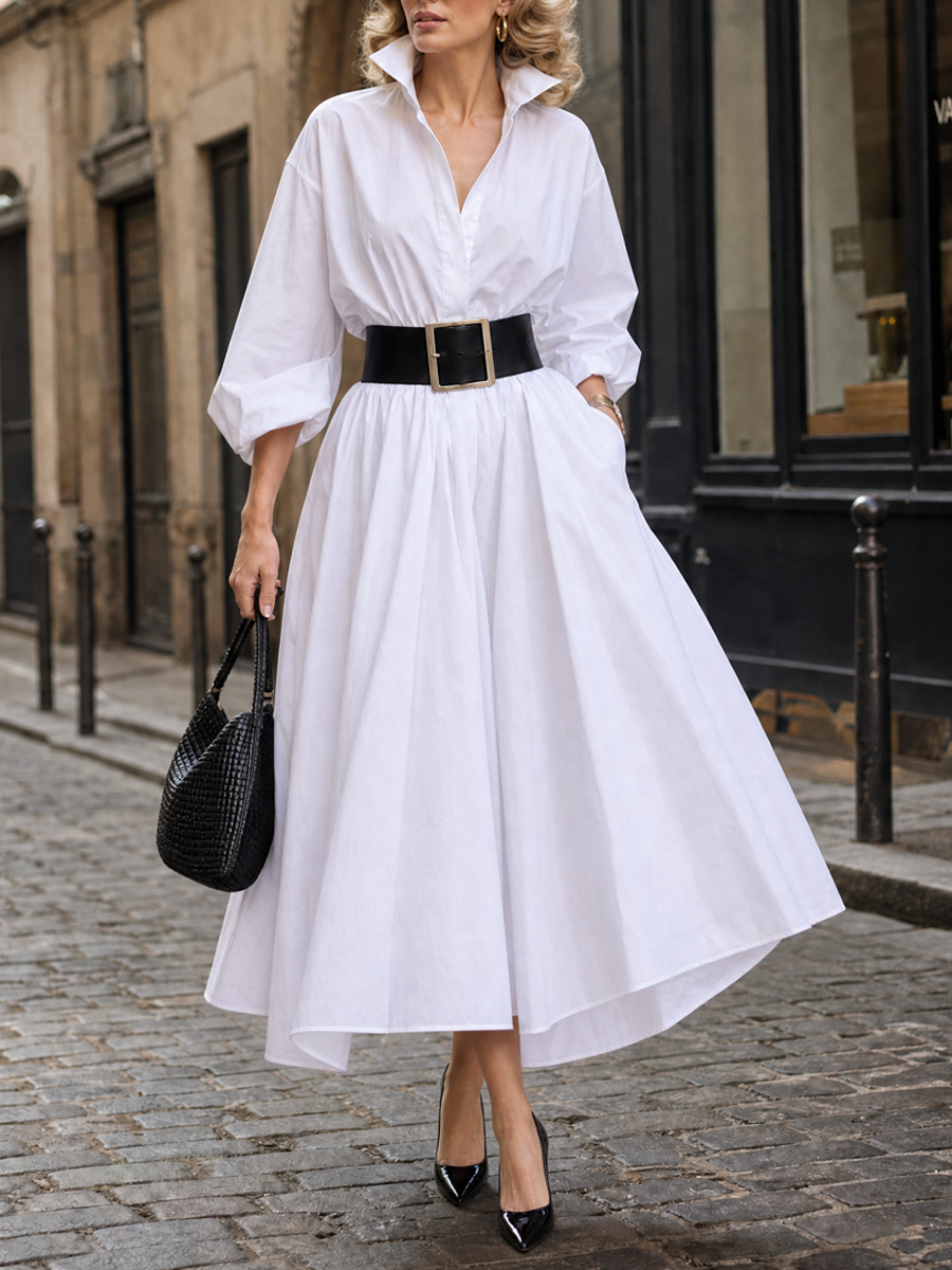 Elegant White Puff-Sleeve Fit-and-Flare Shirt Midi Dress