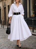 Elegant White Puff-Sleeve Fit-and-Flare Shirt Midi Dress