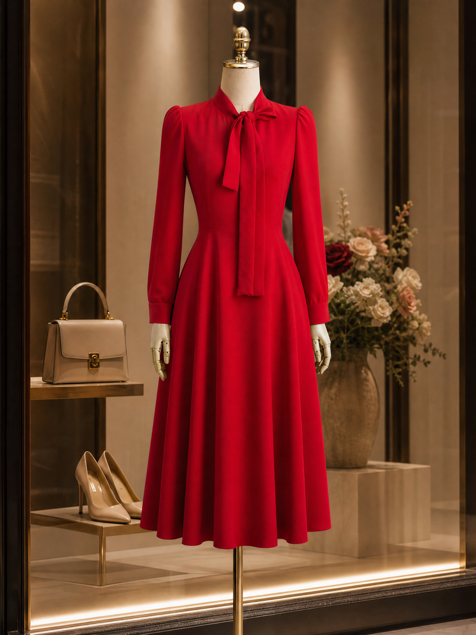 Vintage Elegant Red Pussy-Bow Tie-Neck Long-Sleeve Fit-and-Flare Midi Dress