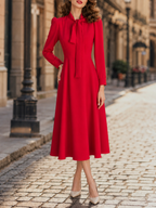 Vintage Elegant Red Pussy-Bow Tie-Neck Long-Sleeve Fit-and-Flare Midi Dress