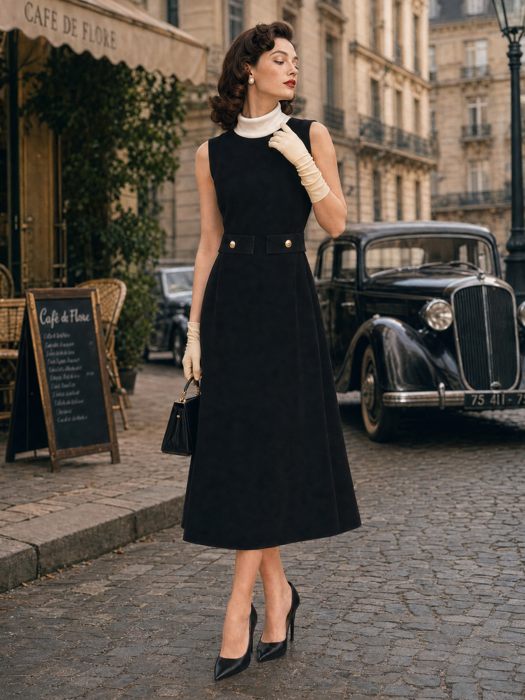 Vintage Lapel Waist-Tapered A-Line Midi Dress