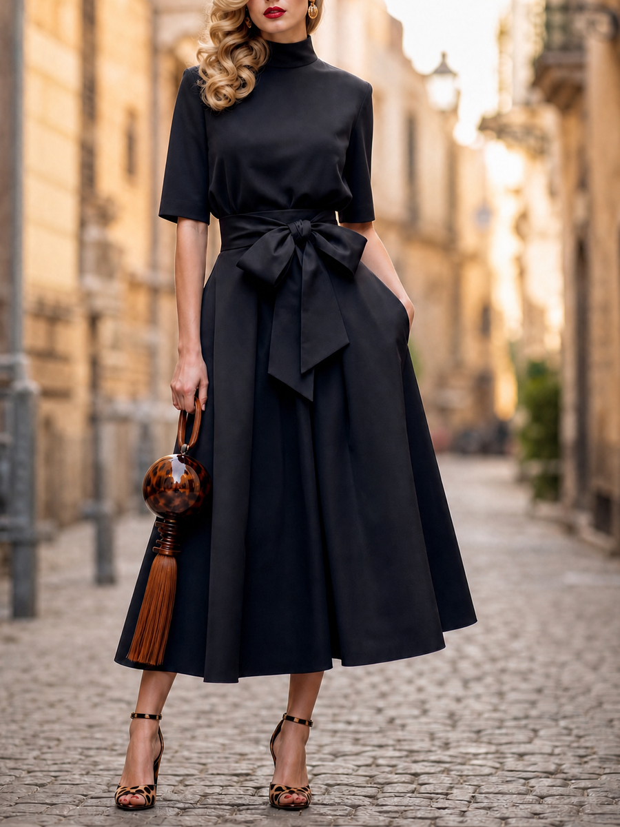 Retro Old-Money Black High-Neck A-Line Swing Midi Dress