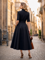 Retro Old-Money Black High-Neck A-Line Swing Midi Dress