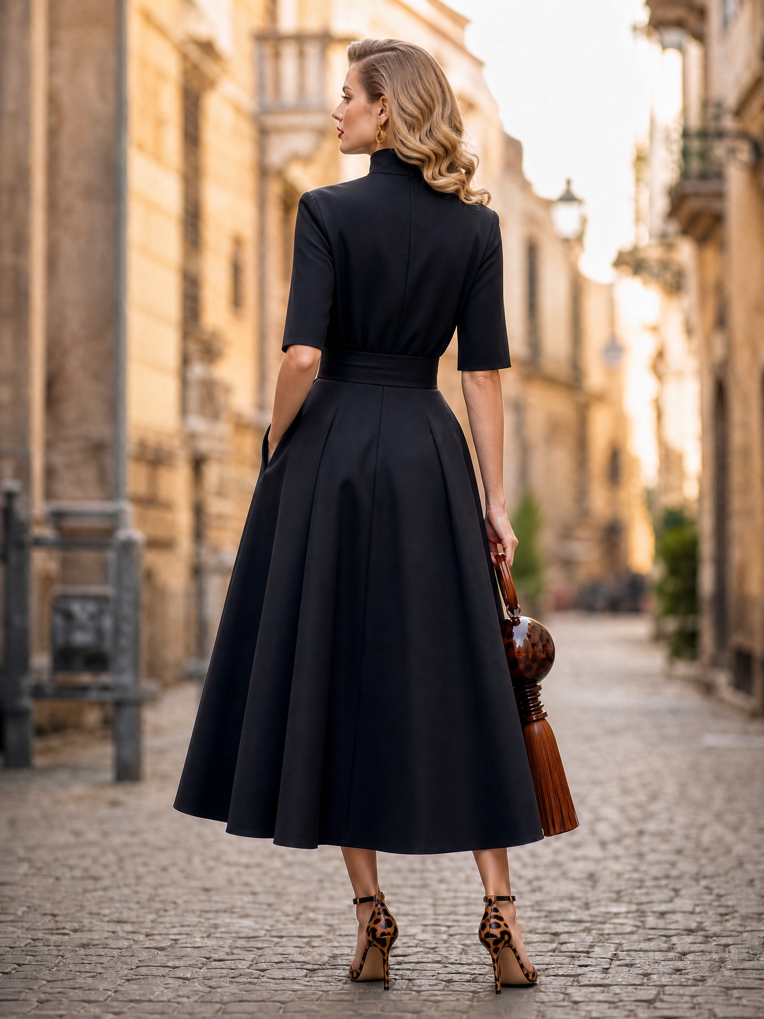 Retro Old-Money Black High-Neck A-Line Swing Midi Dress
