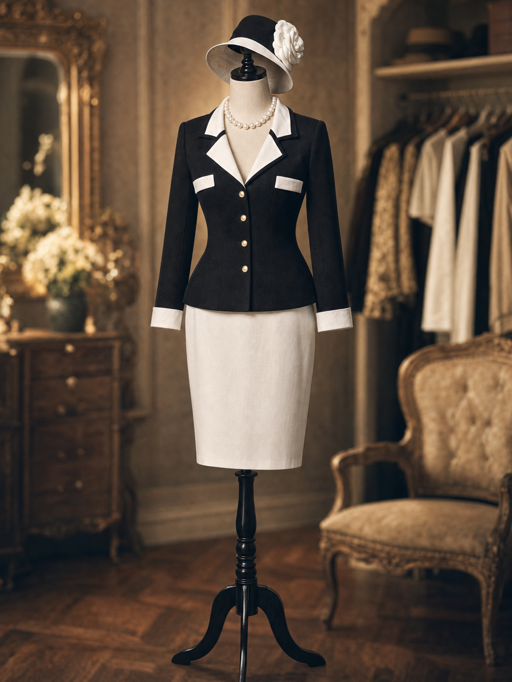 Vintage Black White Contrast Collar Blazer Pencil Skirt Sets