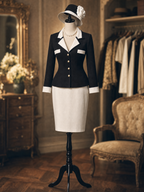 Vintage Black White Contrast Collar Blazer Pencil Skirt Sets