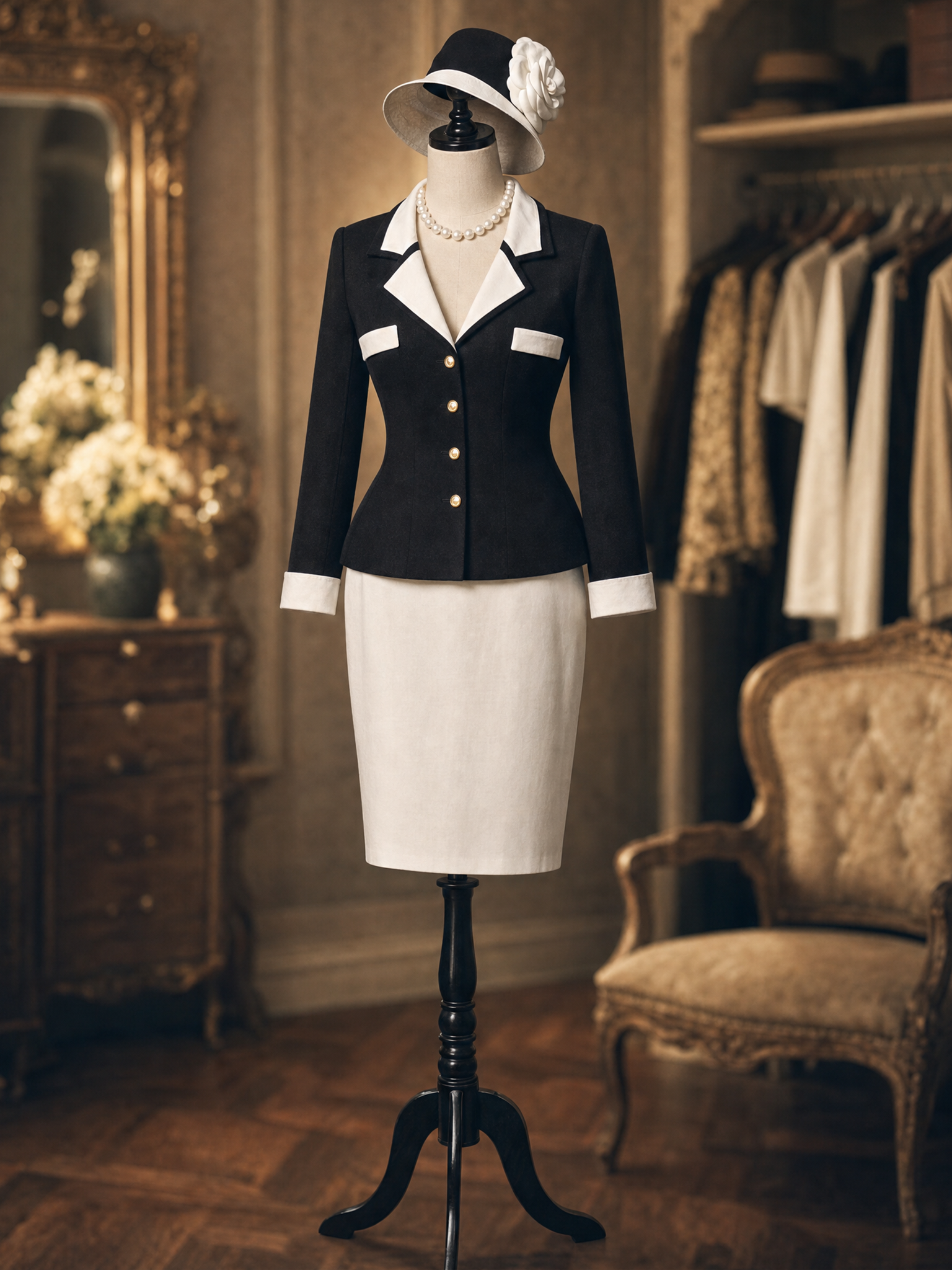 Vintage Black White Contrast Collar Blazer Pencil Skirt Sets