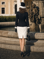 Vintage Black White Contrast Collar Blazer Pencil Skirt Sets