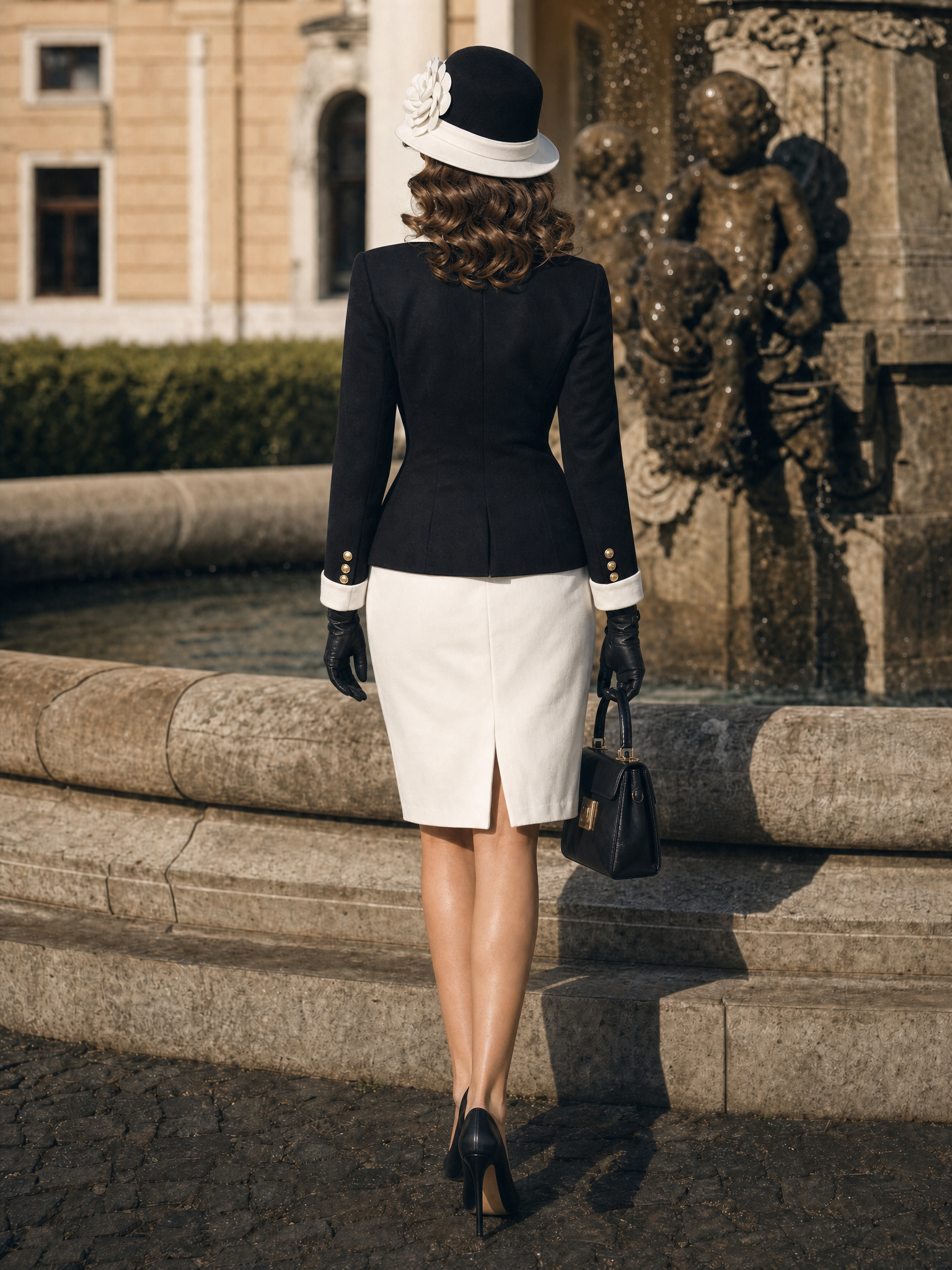 Vintage Black White Contrast Collar Blazer Pencil Skirt Sets