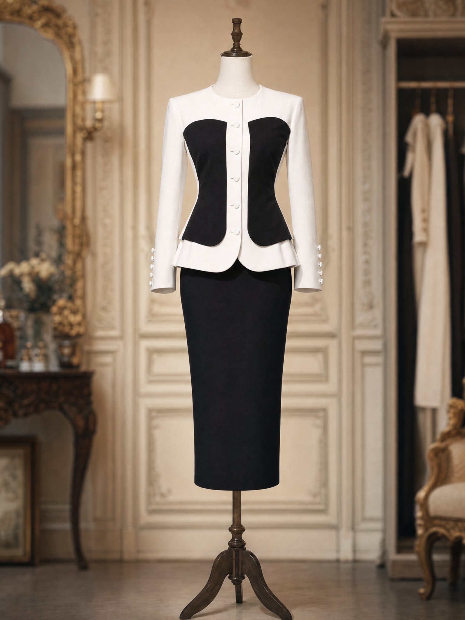 Vintage Black White Color Block Peplum Blazer Pencil Skirt Sets