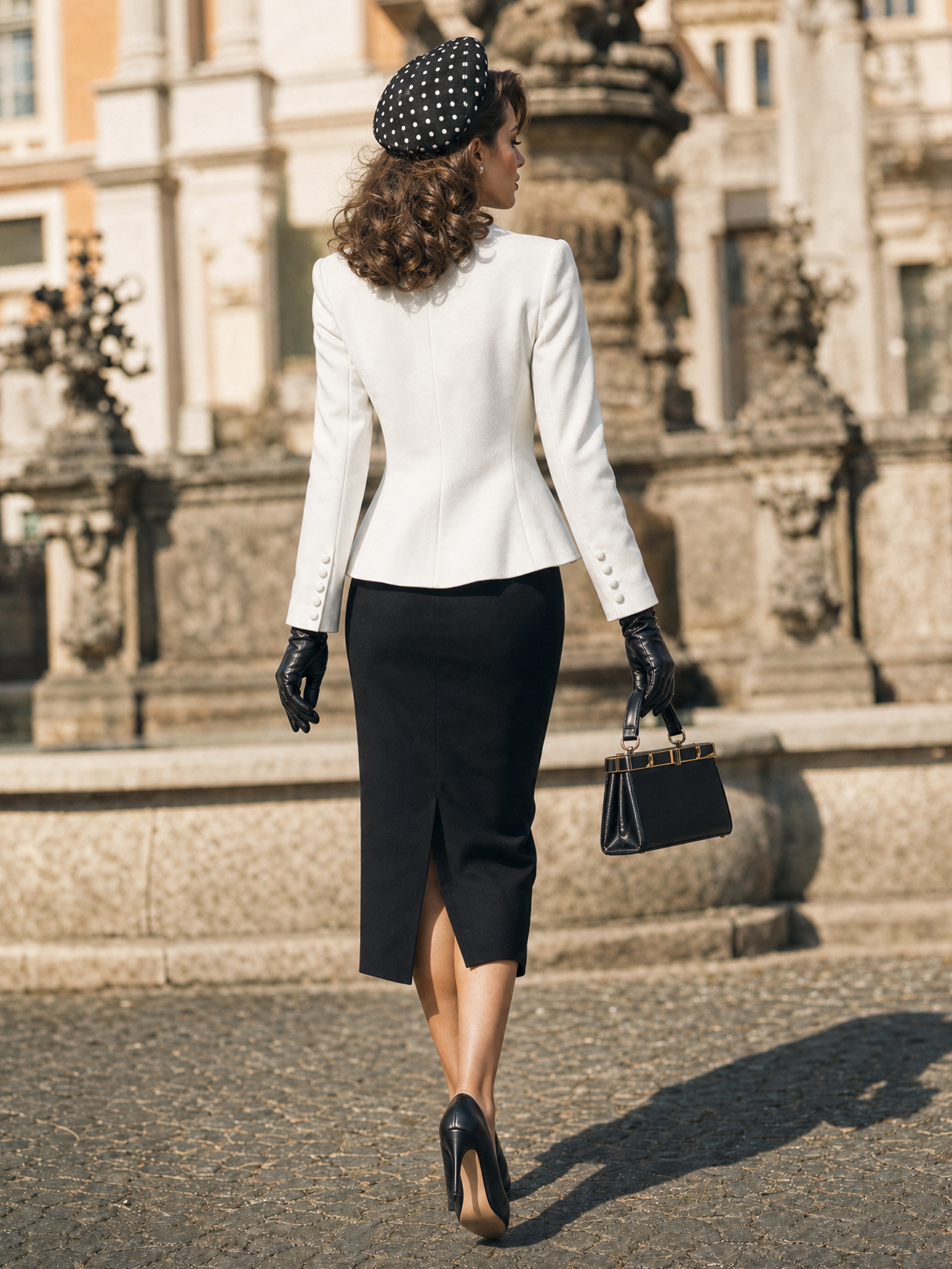 Vintage Black White Color Block Peplum Blazer Pencil Skirt Sets