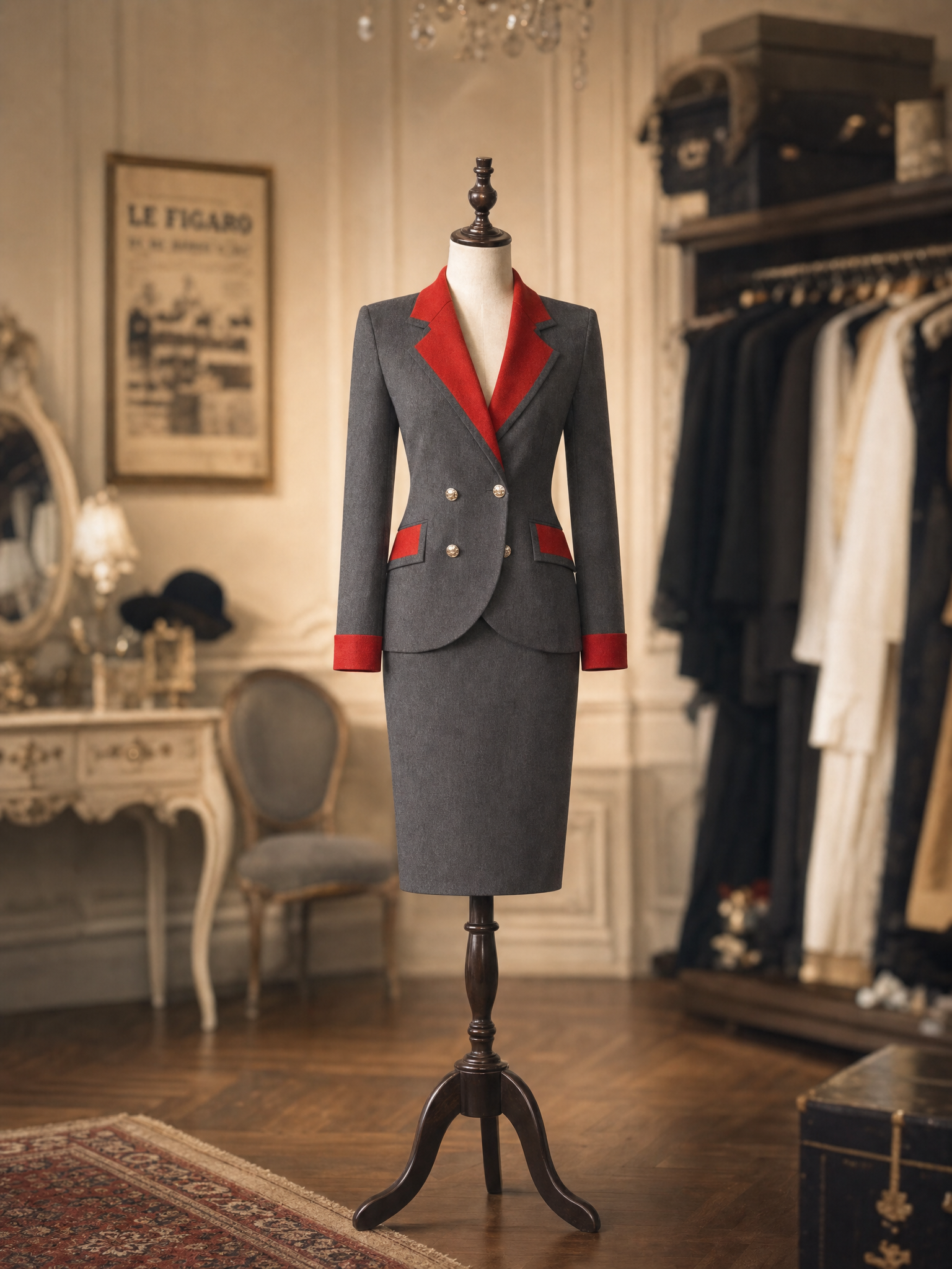 Vintage Color Block Lapel Blazer Pencil Midi Skirt Sets