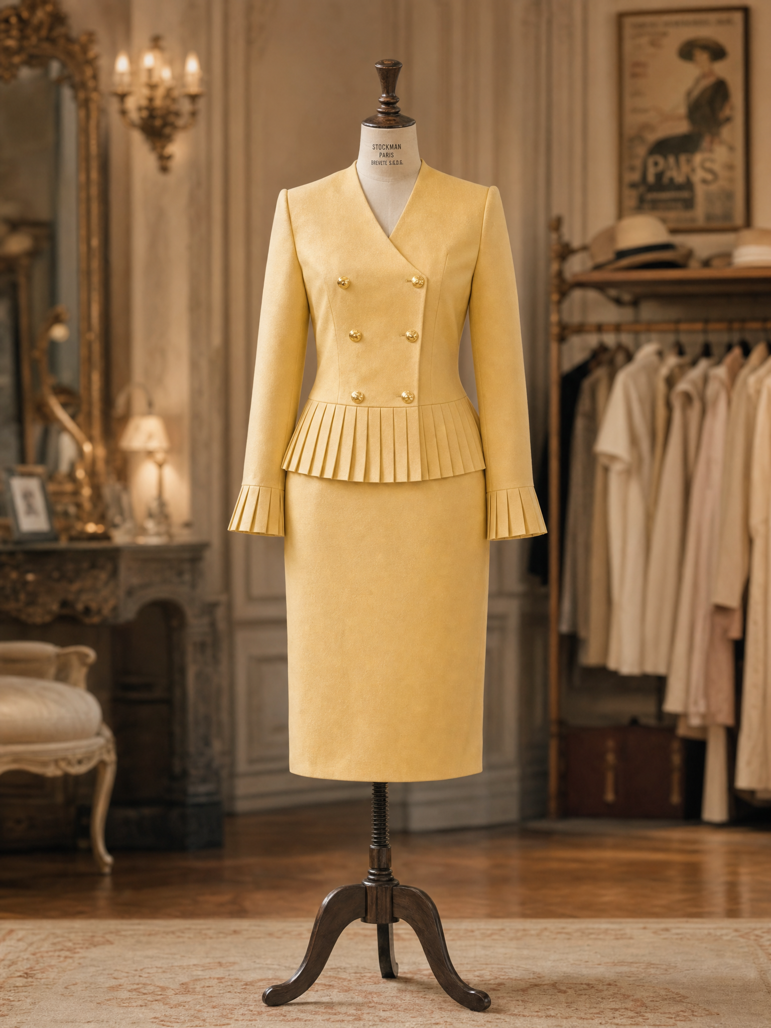 Vintage Yellow Peplum Blazer Midi Pencil Skirt Sets