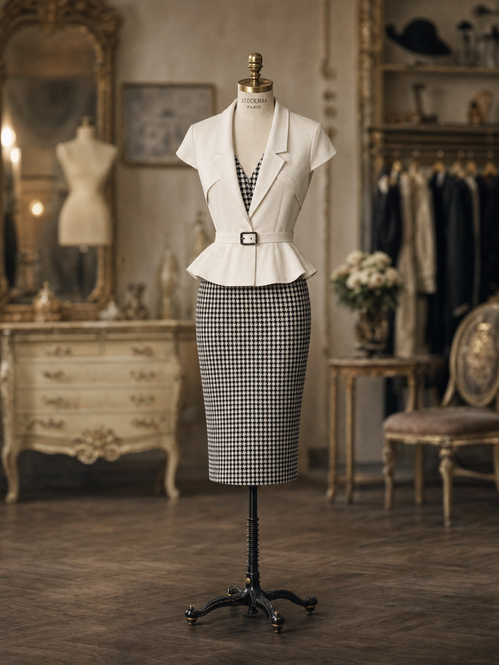 Vintage Peplum Blazer Houndstooth Pencil Skirt Sets
