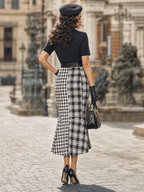 Vintage Contrast Lapel Black White Gingham Mermaid Midi Dress