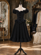 Vintage Black Ruffled Bardot Neck Full Circle Midi Dress