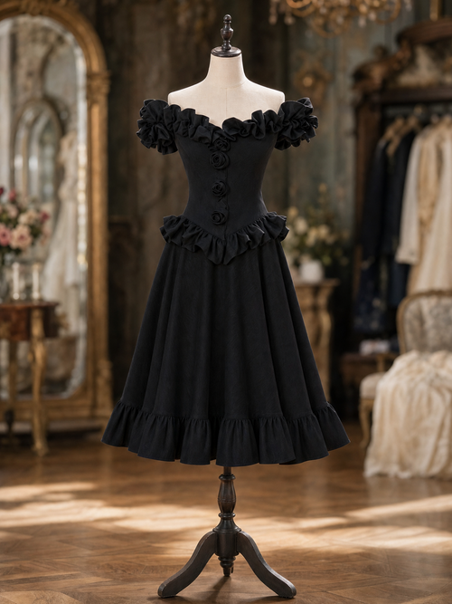 Vintage Black Ruffled Bardot Neck Full Circle Midi Dress