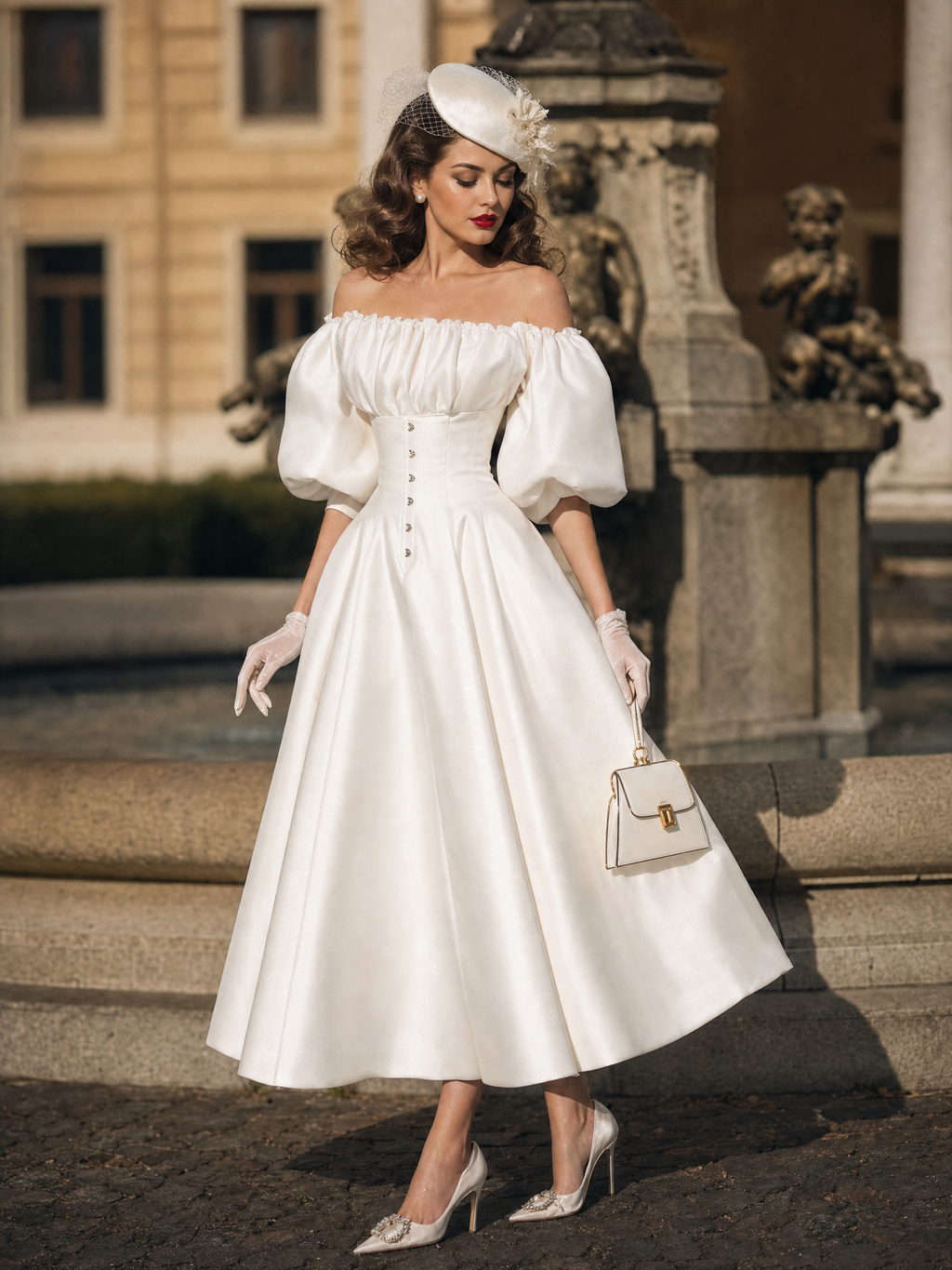 Vintage Off Shoulder Puff Sleeve Satin Midi Ballgown Dress