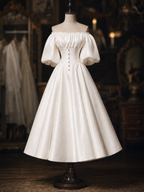 Vintage Off Shoulder Puff Sleeve Satin Midi Ballgown Dress