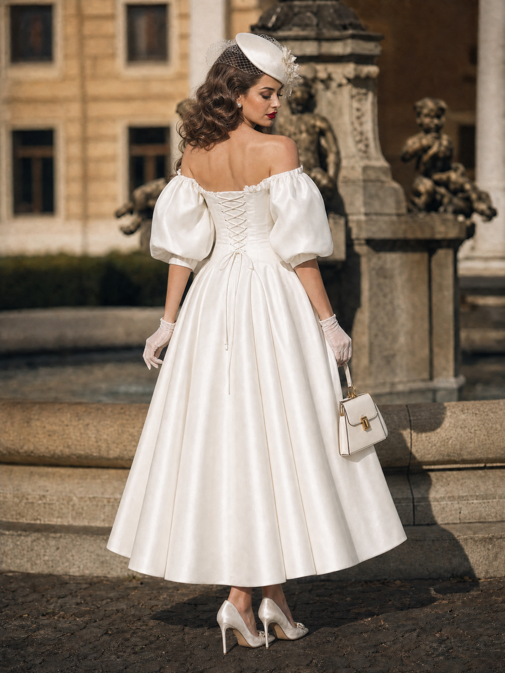 Vintage Off Shoulder Puff Sleeve Satin Midi Ballgown Dress