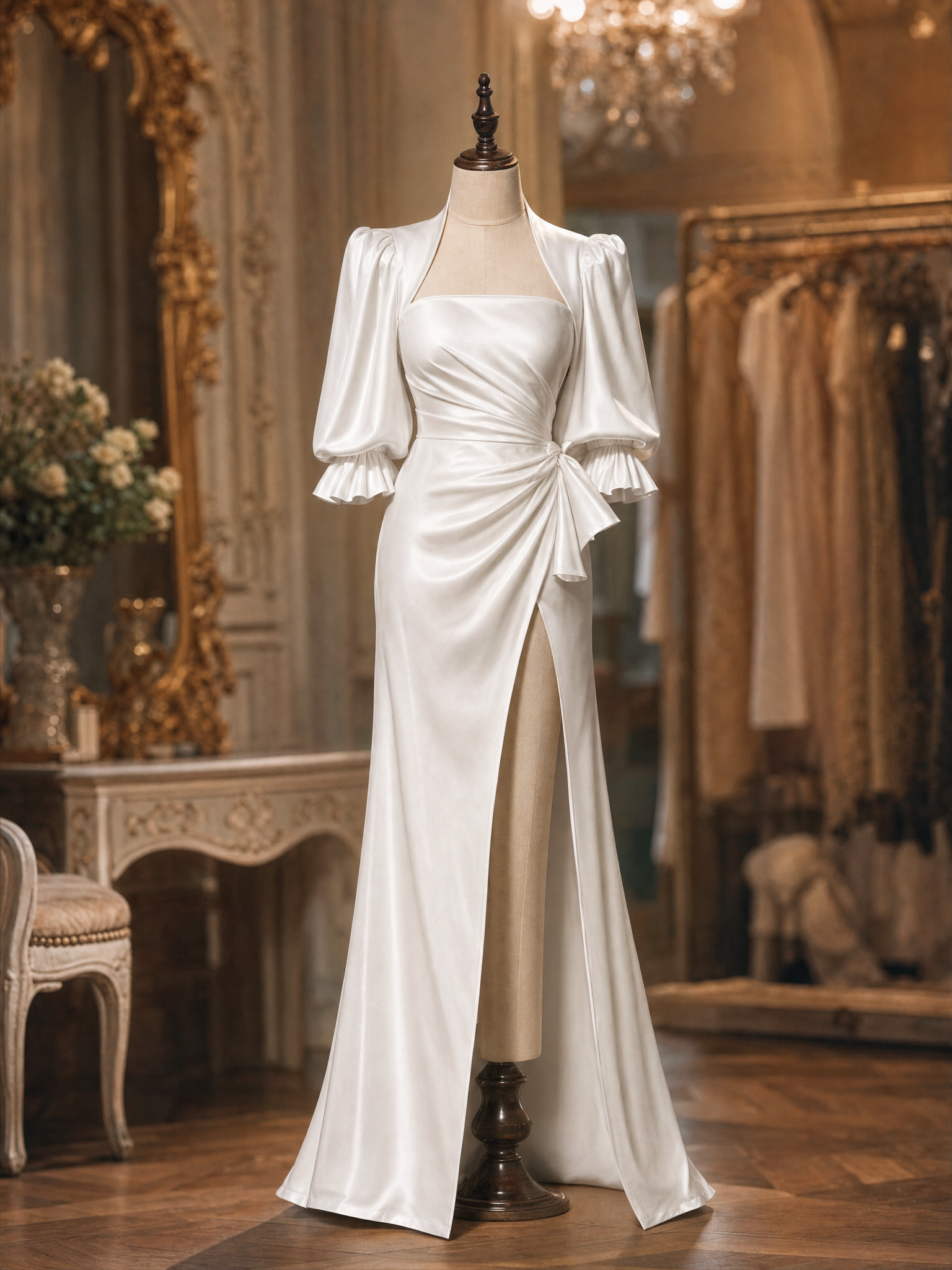 Vintage Square Neck Wrap Front High Slit Satin Maxi Gown
