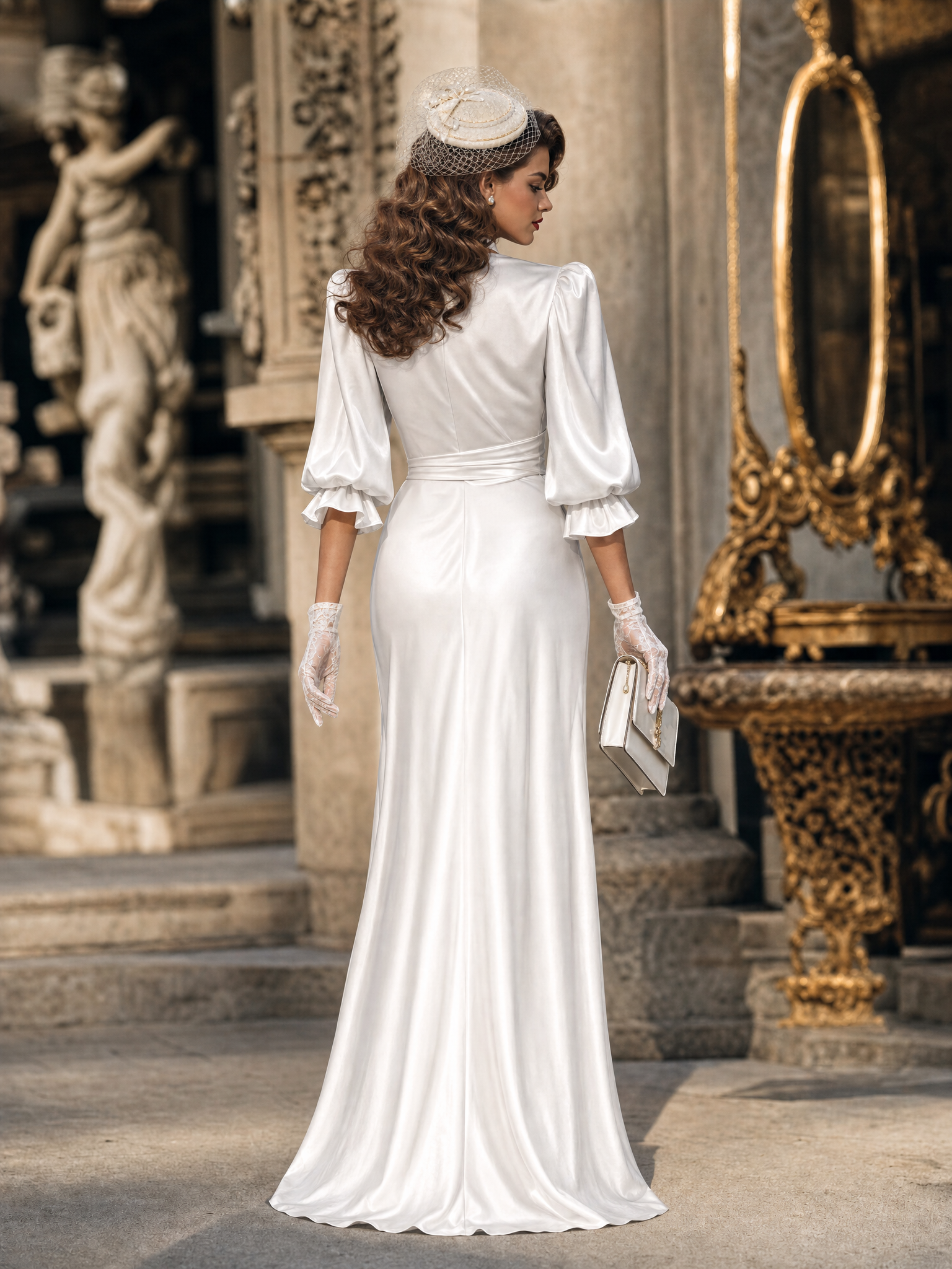 Vintage Square Neck Wrap Front High Slit Satin Maxi Gown