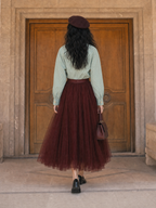 Vintage Burgundy High Waist Layered Tulle Midi Skirt