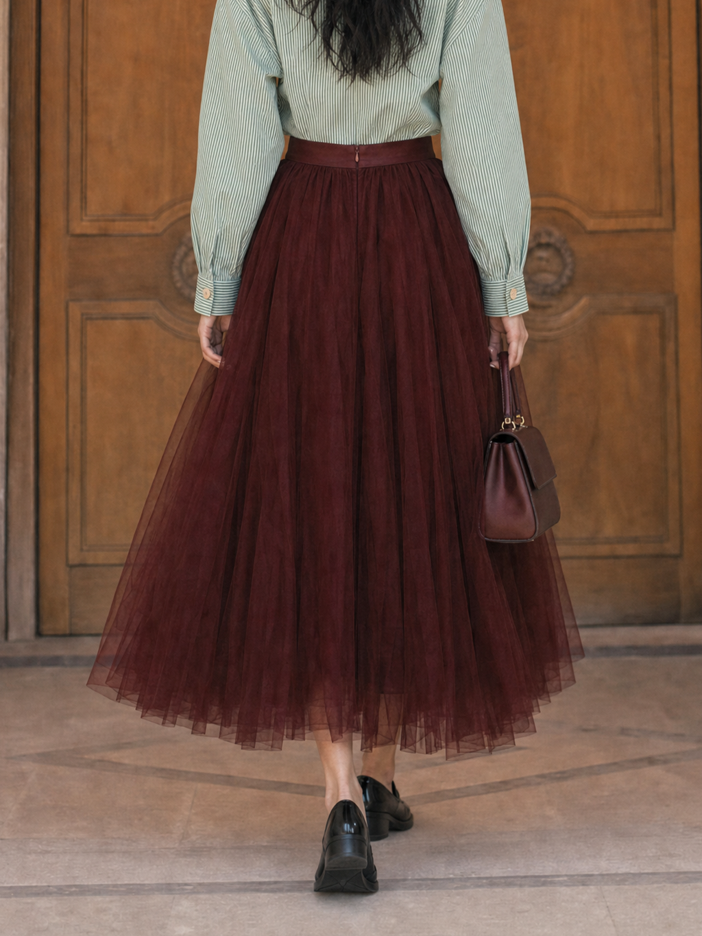 Vintage Burgundy High Waist Layered Tulle Midi Skirt
