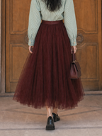 Vintage Burgundy High Waist Layered Tulle Midi Skirt