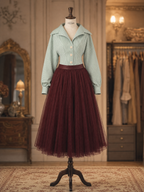 Vintage Burgundy High Waist Layered Tulle Midi Skirt