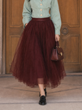 Vintage Burgundy High Waist Layered Tulle Midi Skirt