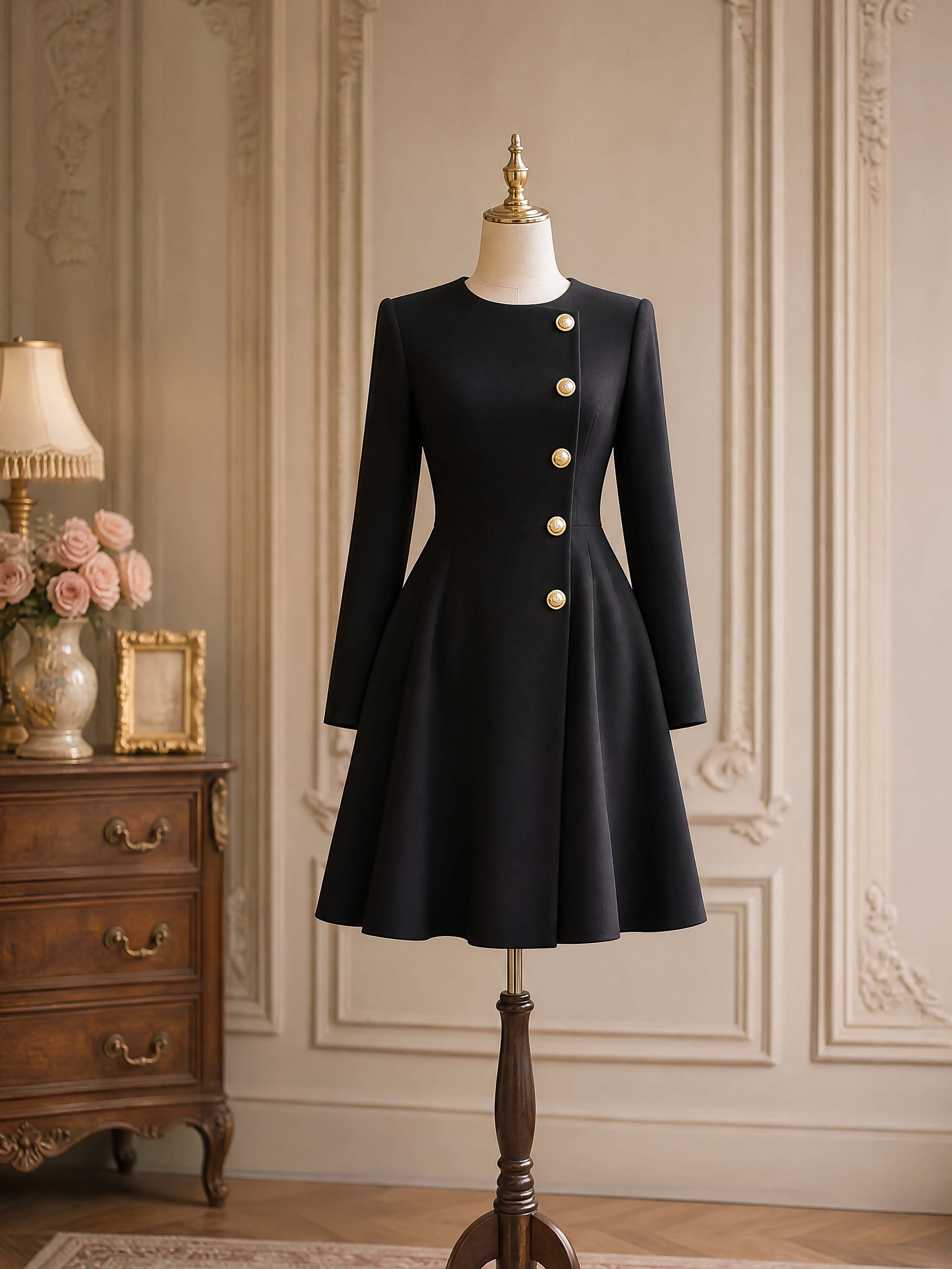Vintage Round Neck Fitted A-Line Mini Black Dress