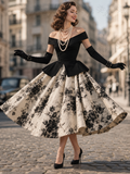 Vintage 1950s Off-Shoulder Floral Print Midi Party Dress
