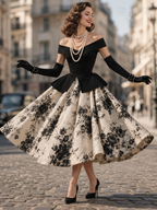 Vintage 1950s Off-Shoulder Floral Print Midi Party Dress