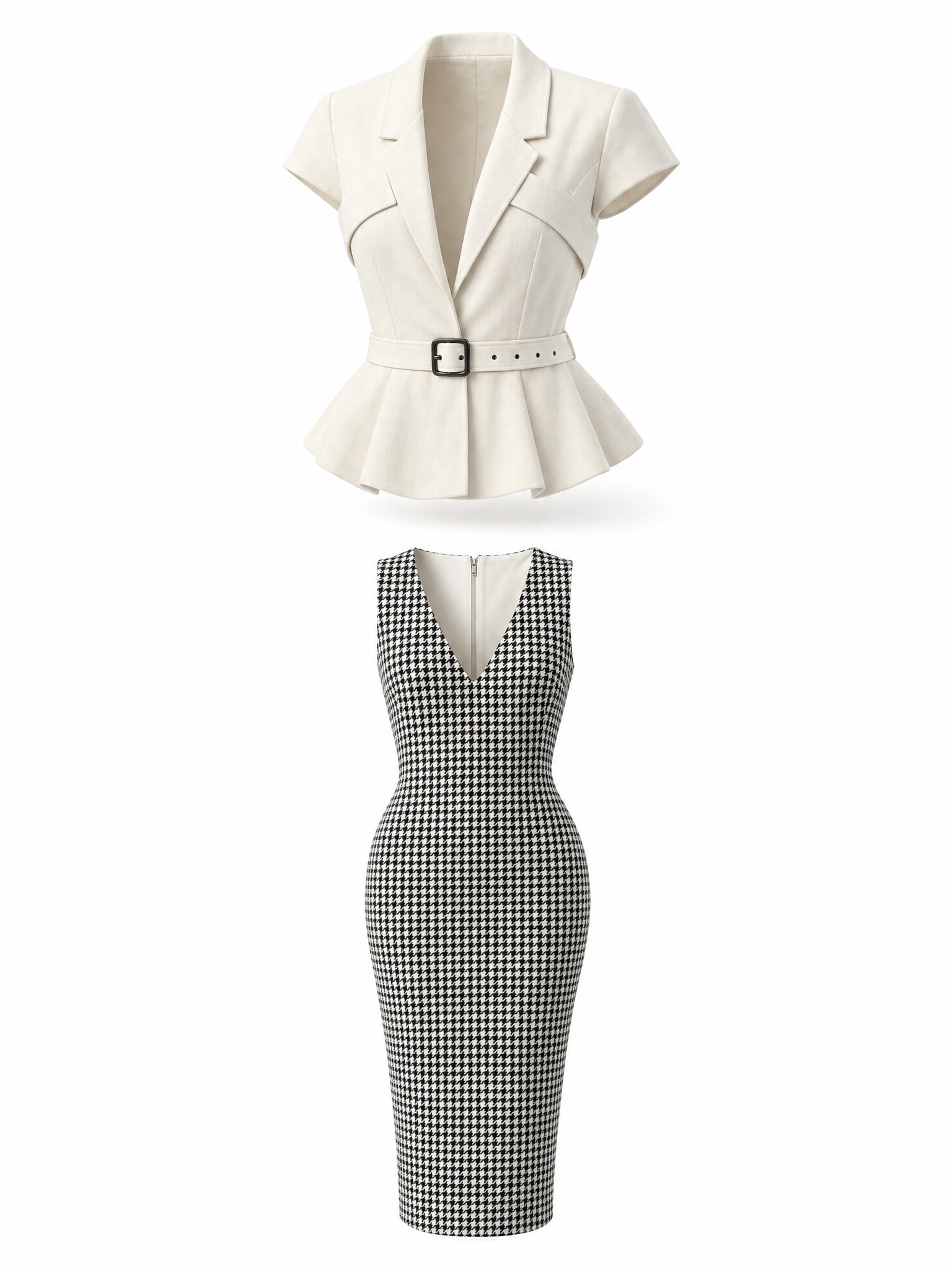 Vintage Peplum Blazer Houndstooth Pencil Skirt Sets