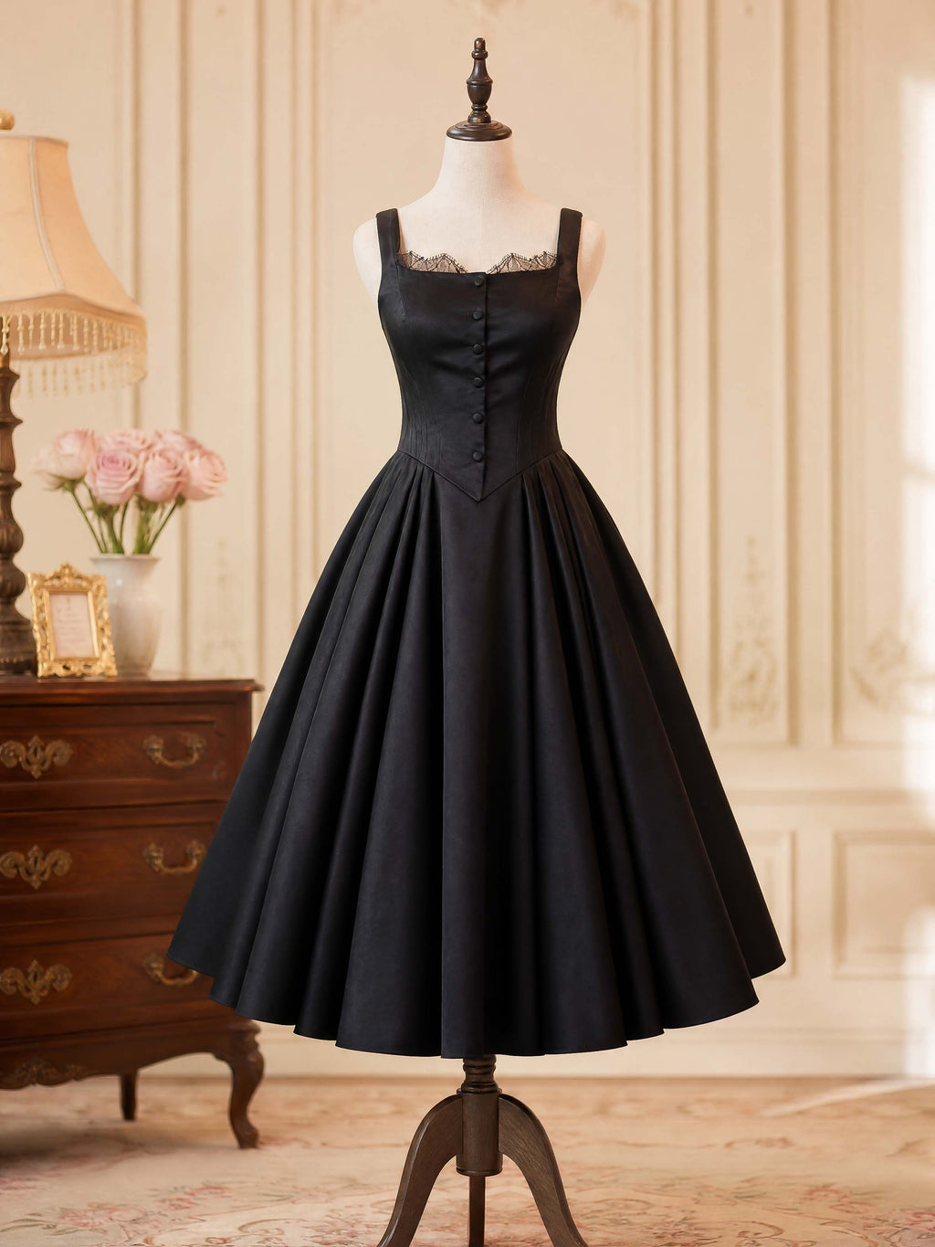 French Vintage Black Satin Lace Trim Midi Swing Dress
