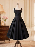 French Vintage Black Satin Lace Trim Midi Swing Dress