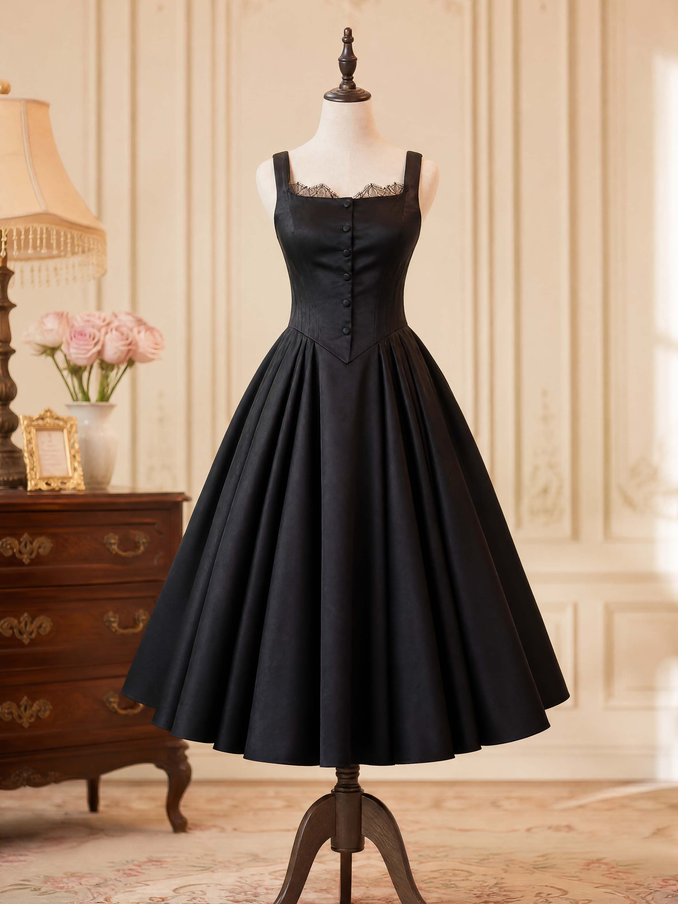 French Vintage Black Satin Lace Trim Midi Swing Dress