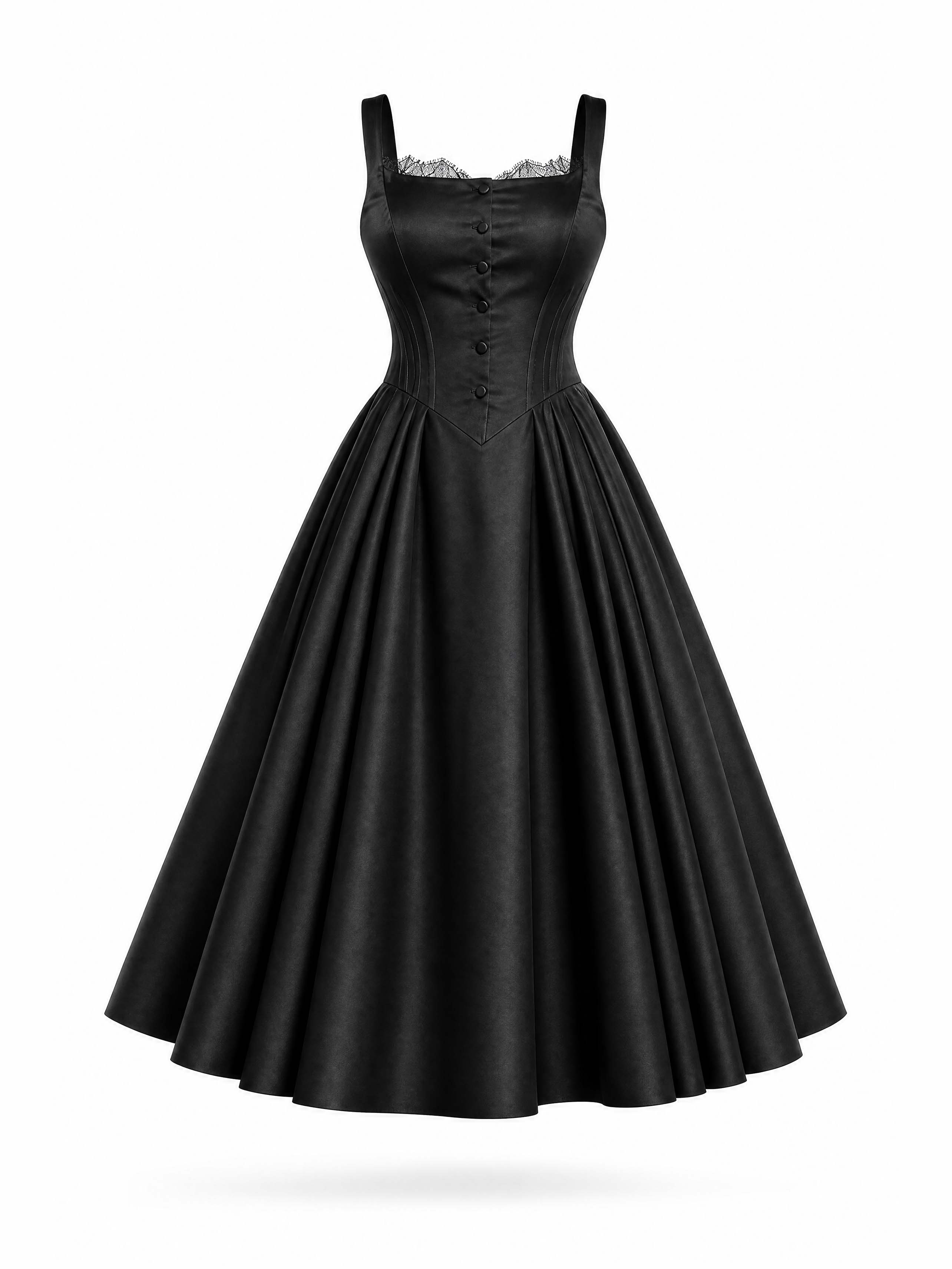 French Vintage Black Satin Lace Trim Midi Swing Dress