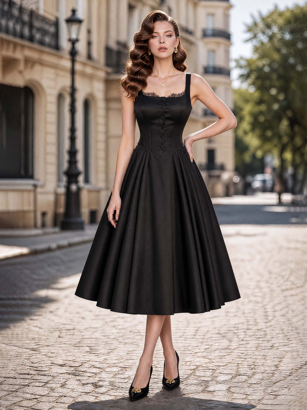 French Vintage Black Satin Lace Trim Midi Swing Dress