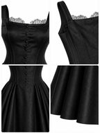 French Vintage Black Satin Lace Trim Midi Swing Dress