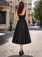 French Vintage Black Satin Lace Trim Midi Swing Dress