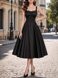 French Vintage Black Satin Lace Trim Midi Swing Dress