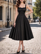 French Vintage Black Satin Lace Trim Midi Swing Dress