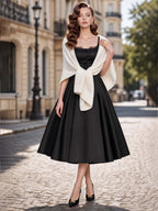 French Vintage Black Satin Lace Trim Midi Swing Dress